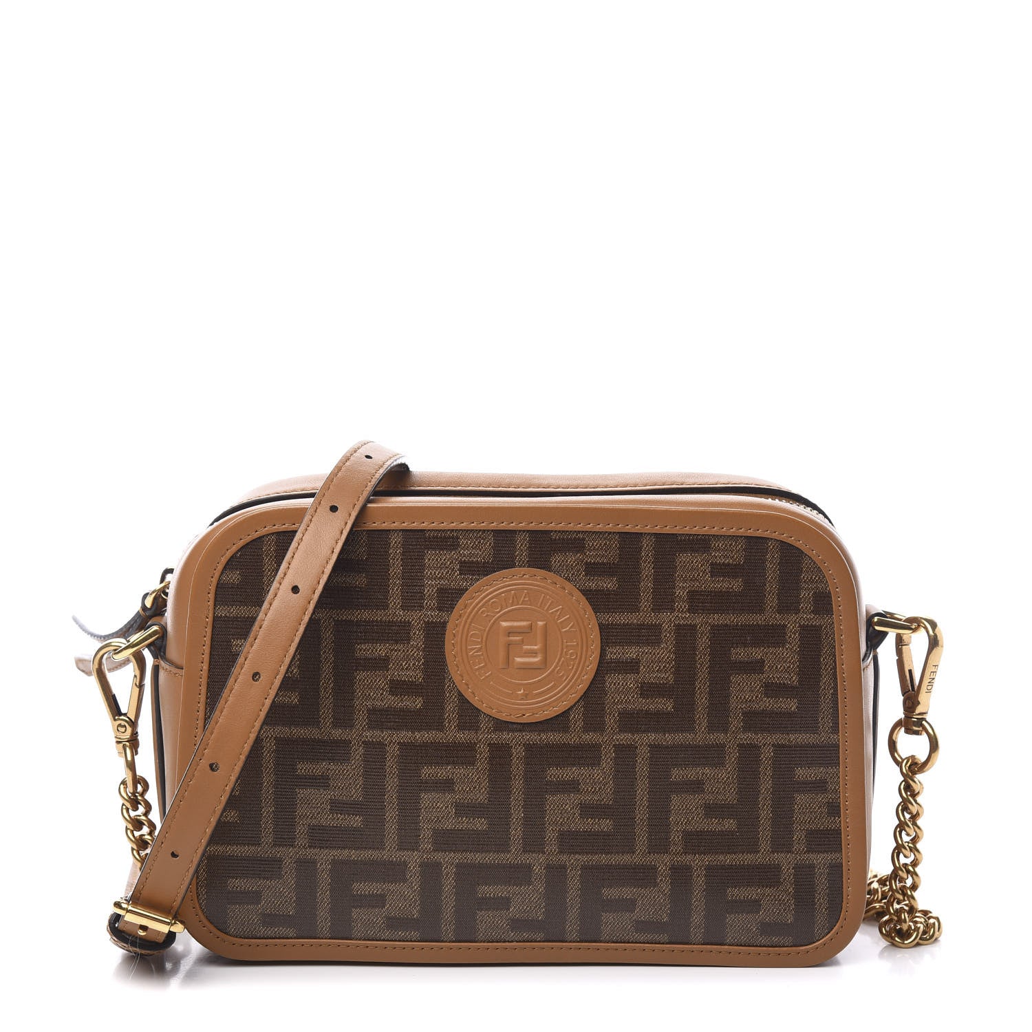 Fendi Glazed Fabric Vitello Century FF 1974 Stamp Patch Camera Case Mogano Panna Caramello 1 of 11