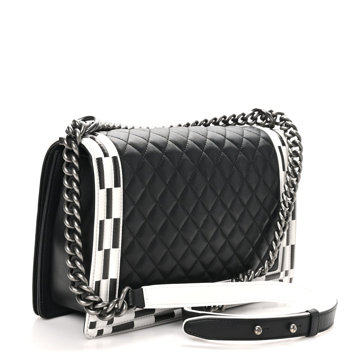 Chanel Calfskin Quilted Checkerboard Trim New Medium Boy Flap Black White 2 of 11