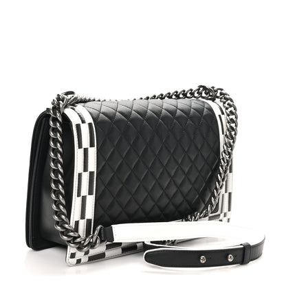 Chanel Calfskin Quilted Checkerboard Trim New Medium Boy Flap Black White 2 of 11
