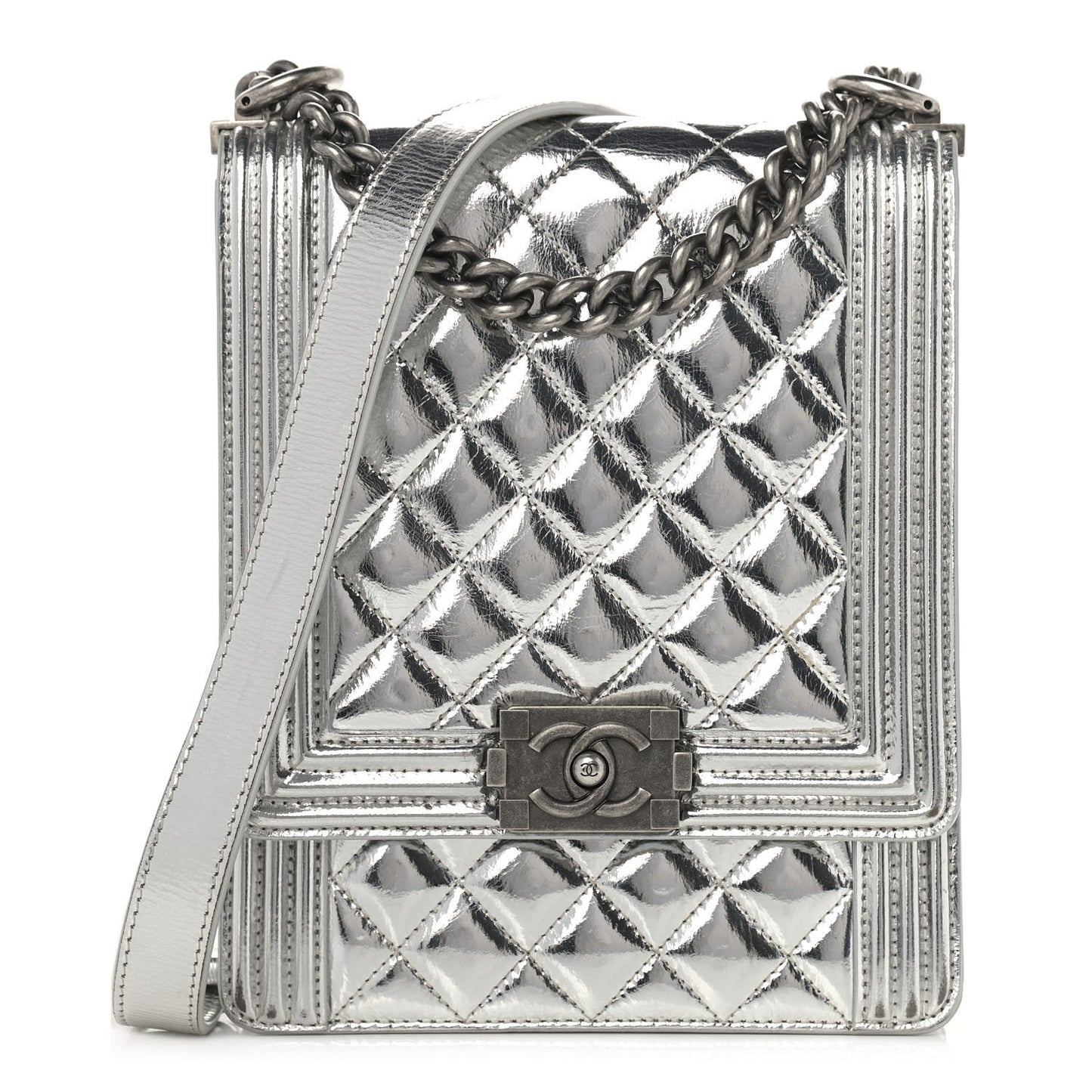 Metallic Goatskin Quilted North South Boy Flap Silver
