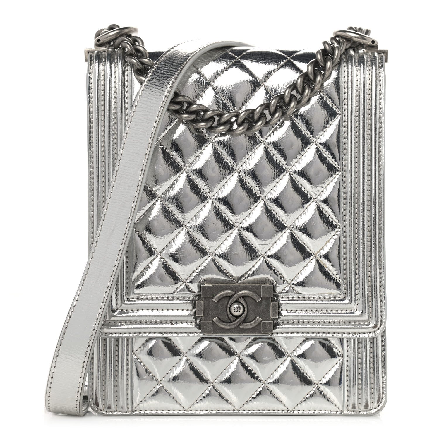 Chanel Metallic Goatskin Quilted North South Boy Flap Silver 1 of 12