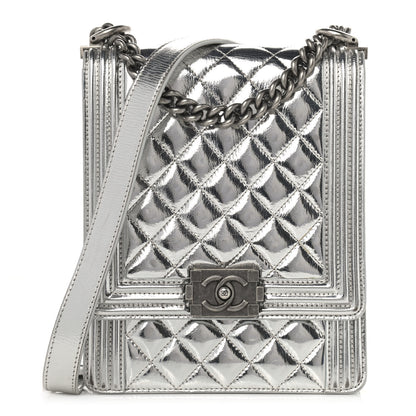 Chanel Metallic Goatskin Quilted North South Boy Flap Silver 1 of 12