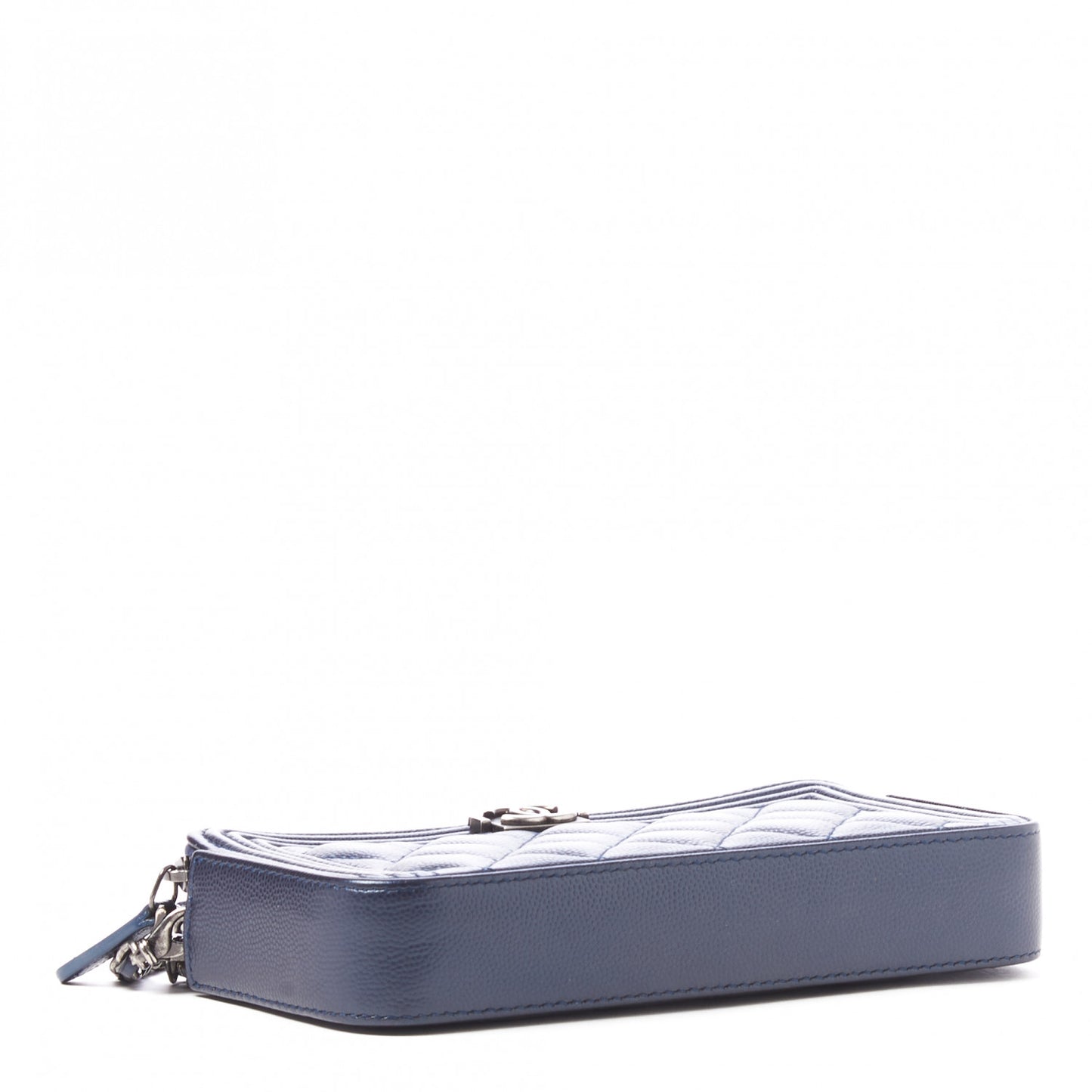 Metallic Caviar Quilted Small Boy Clutch With Chain Navy