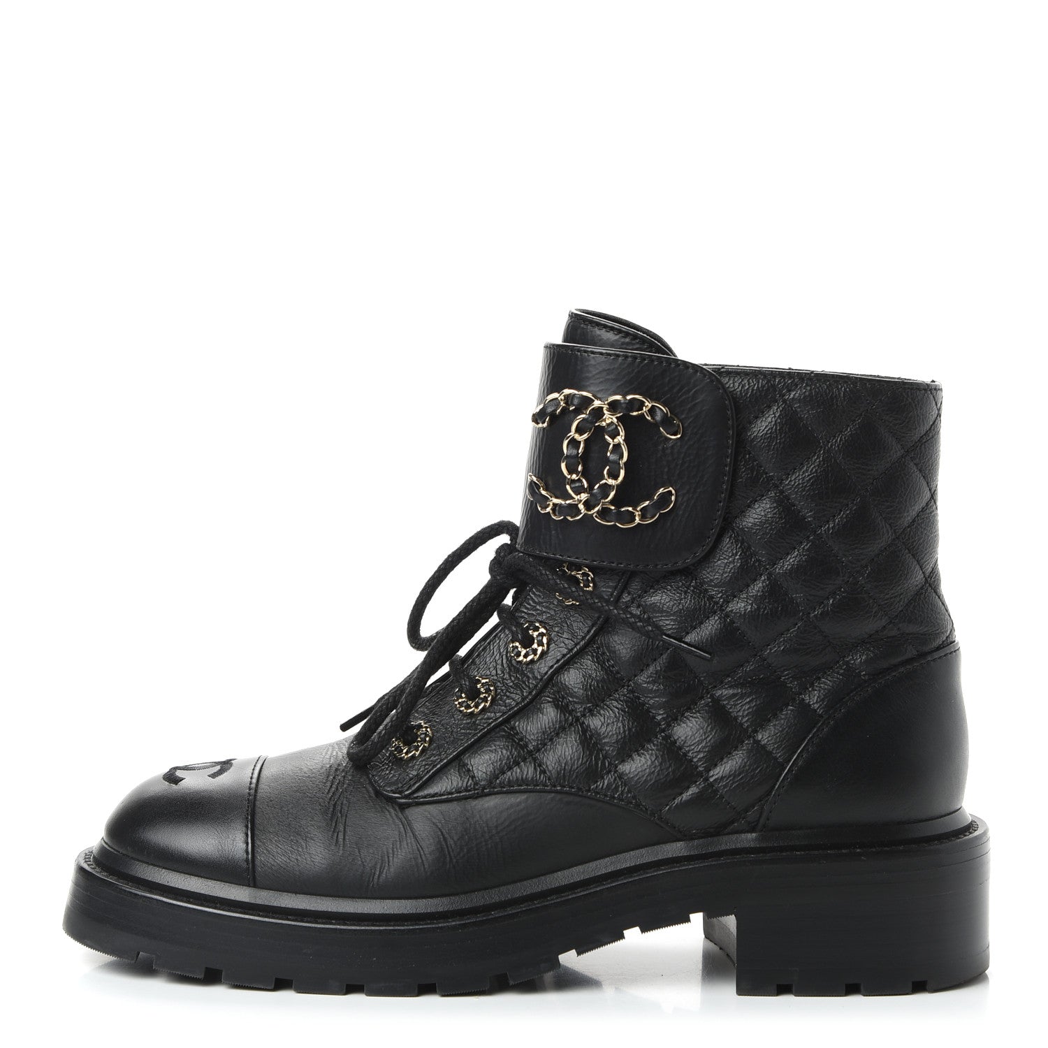 Chanel Shiny Goatskin Calfskin Quilted Lace Up Combat Boots 38 Black 1 of 9