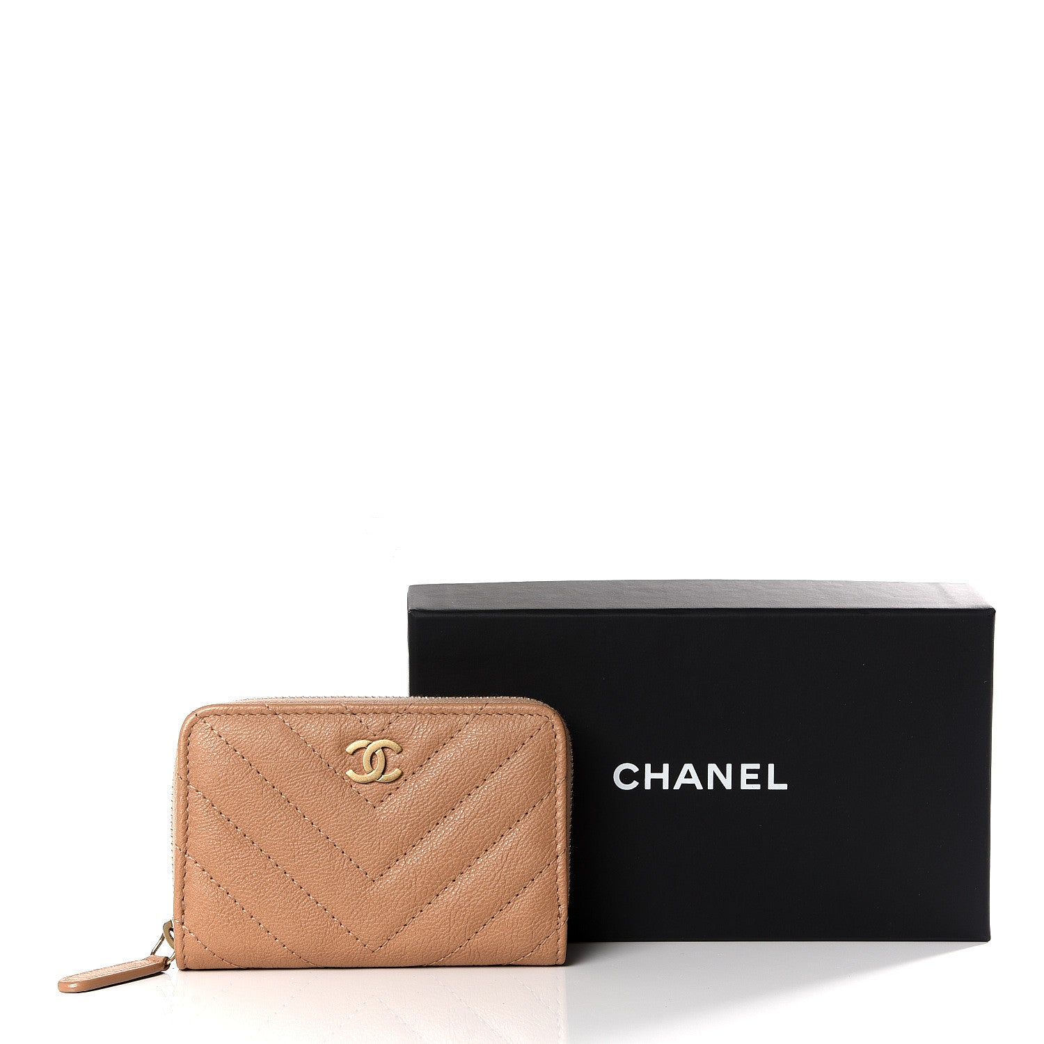 Chanel Glazed Lambskin Chevron Quilted Zip Around Coin Purse Beige 9 of 10