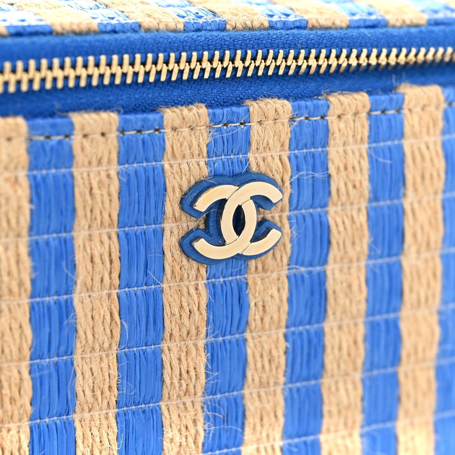 Chanel Raffia Jute Striped Small Vanity Case With Chain Blue Beige 14 of 14