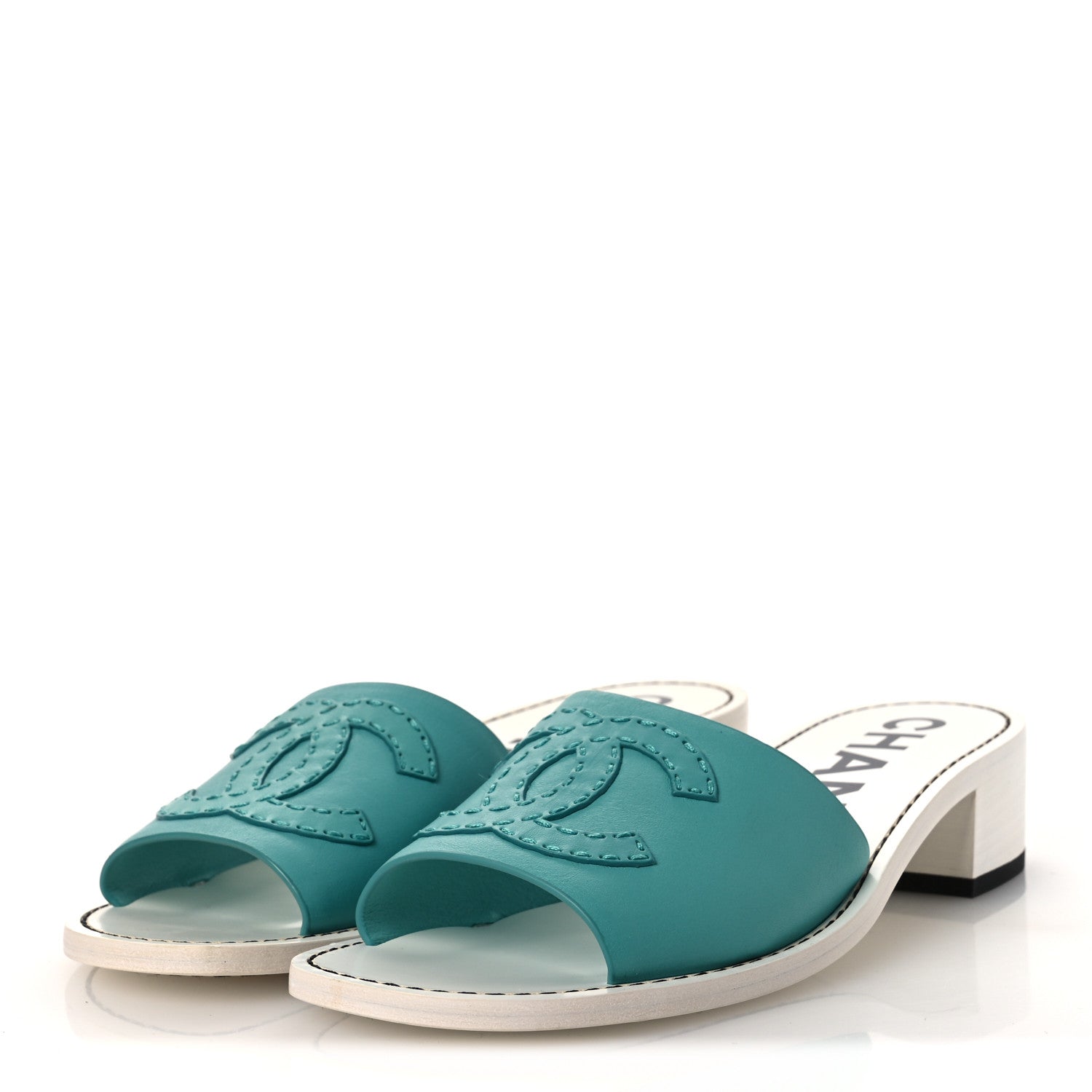 Chanel Calfskin CC Mules 38.5 Turquoise White 4 of 12