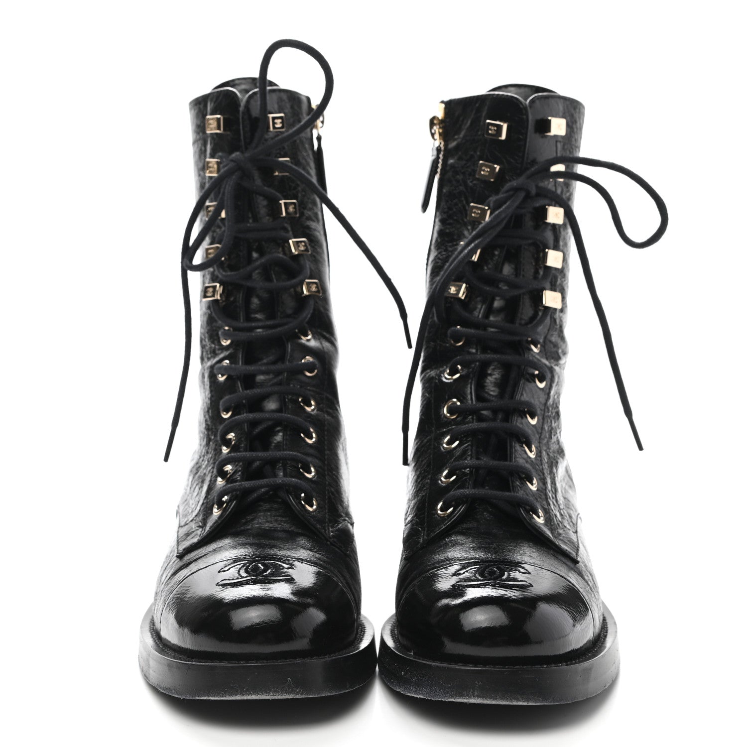 Chanel Aged Calfskin Lace Up Combat Boots 37.5 Black 2 of 9