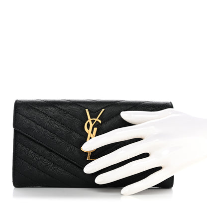 Saint Laurent Grain De Poudre Matelasse Chevron Monogram Flap Wallet Black 2 of 9