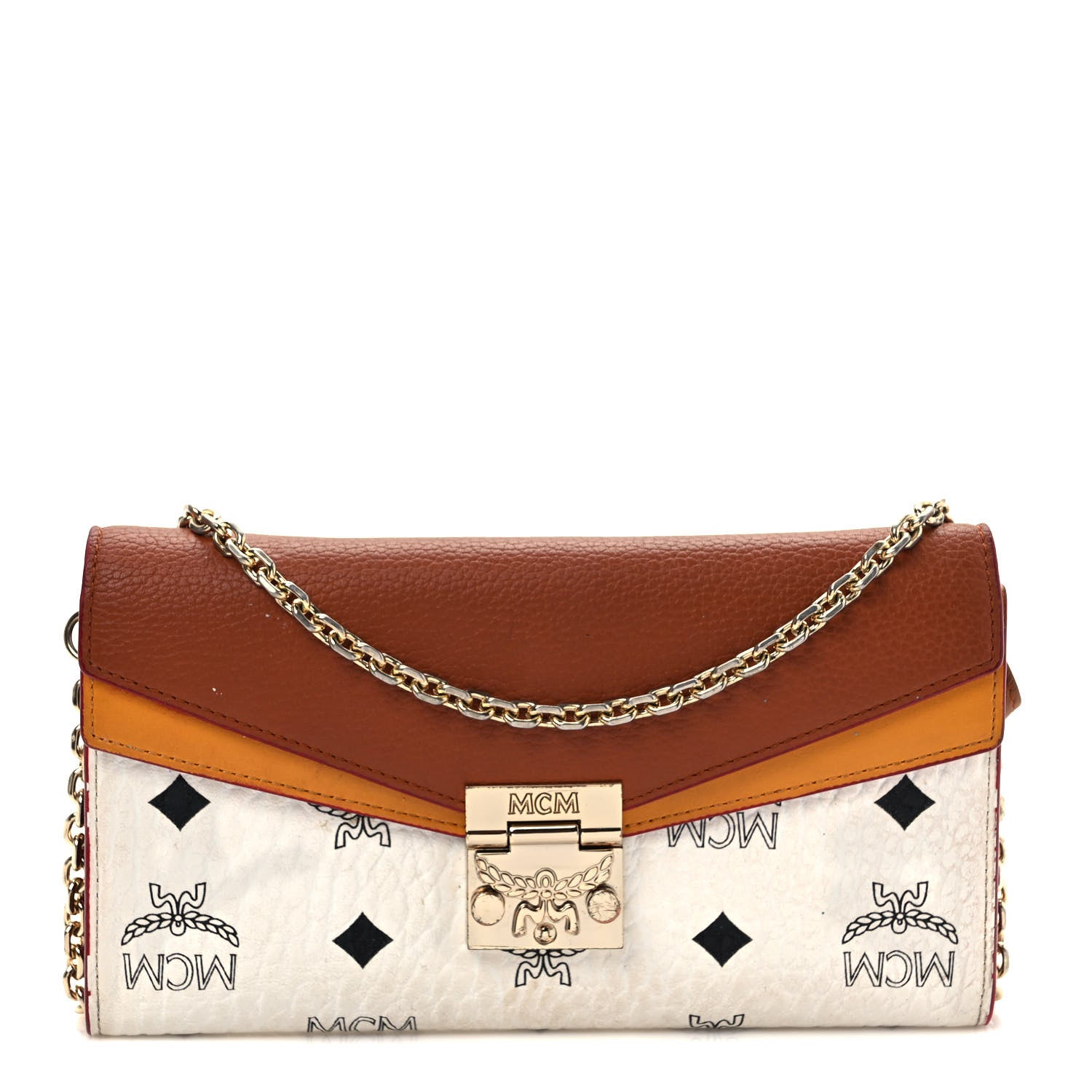 MCM Calfskin Visetos Monogram Patricia Color Block Wallet On Chain Cognac White 1 of 10
