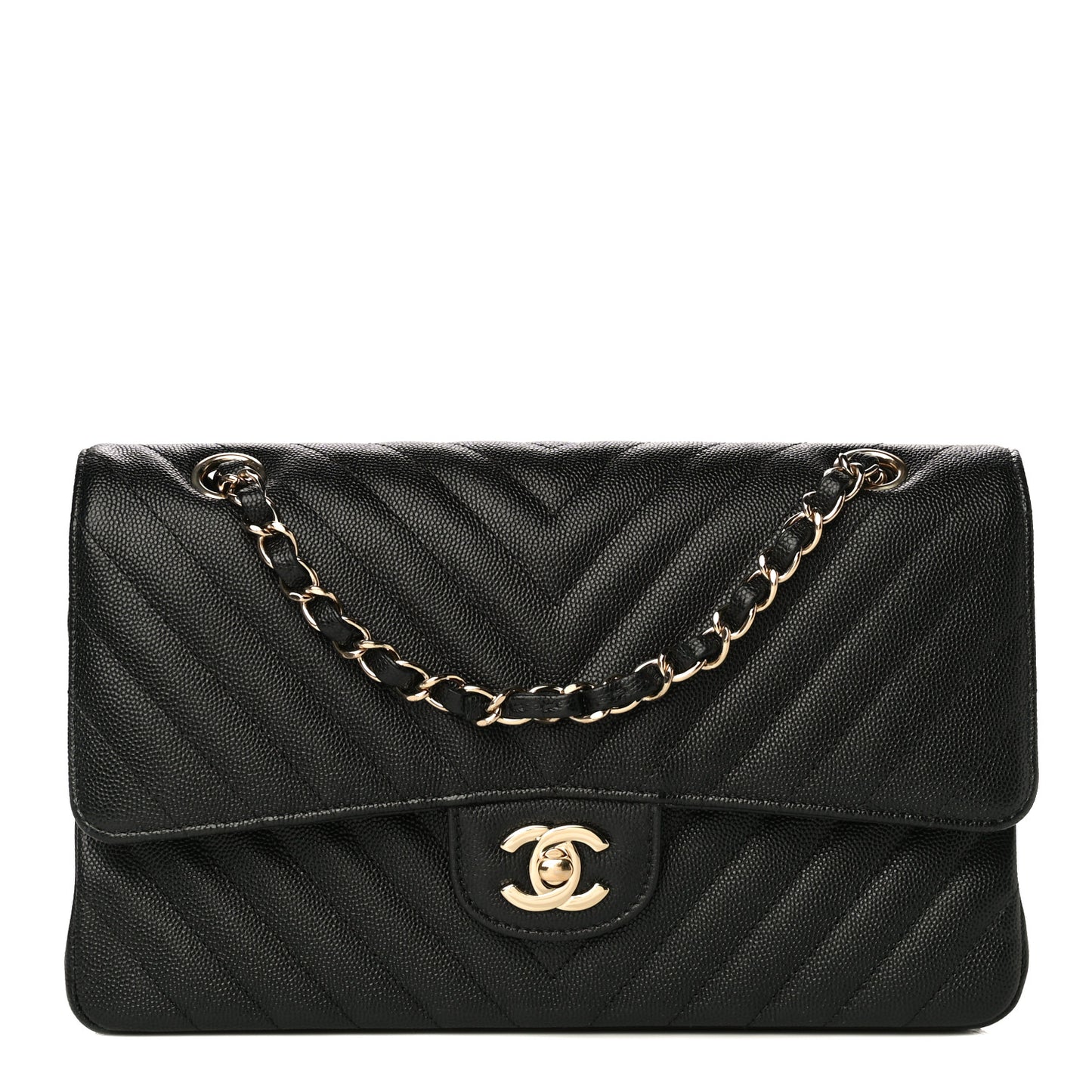 Caviar Chevron Quilted Medium Double Flap Black