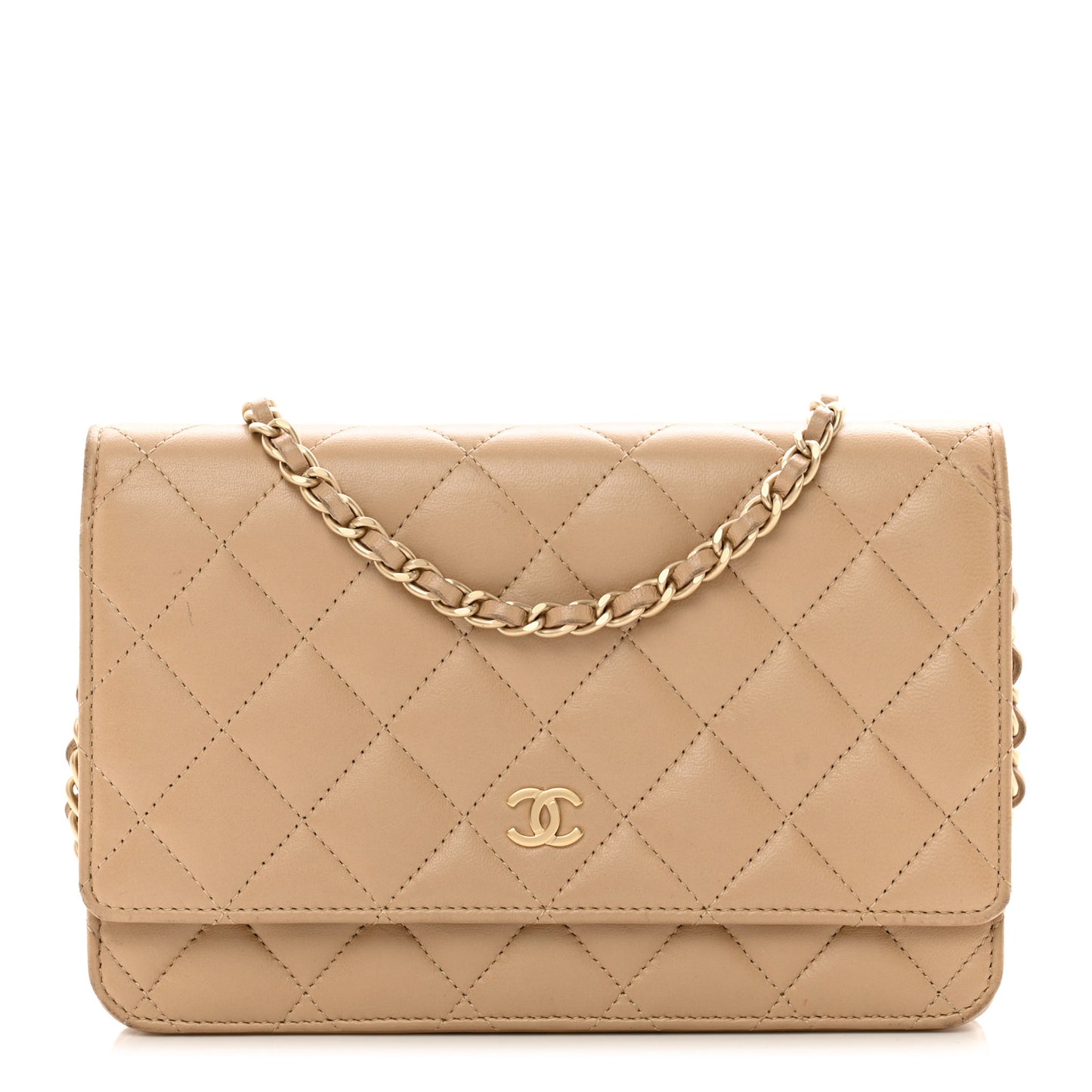 Lambskin Quilted Wallet On Chain WOC Beige