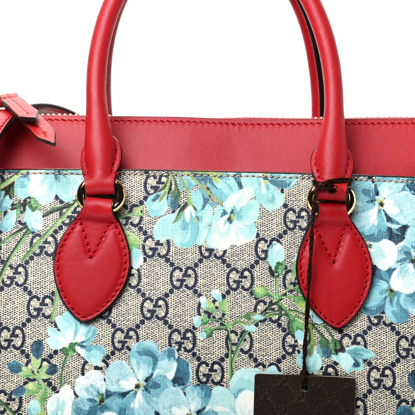 GG Supreme Monogram Blooms Medium Zip Top Tote Beige Blue Navy Hibiscus Red