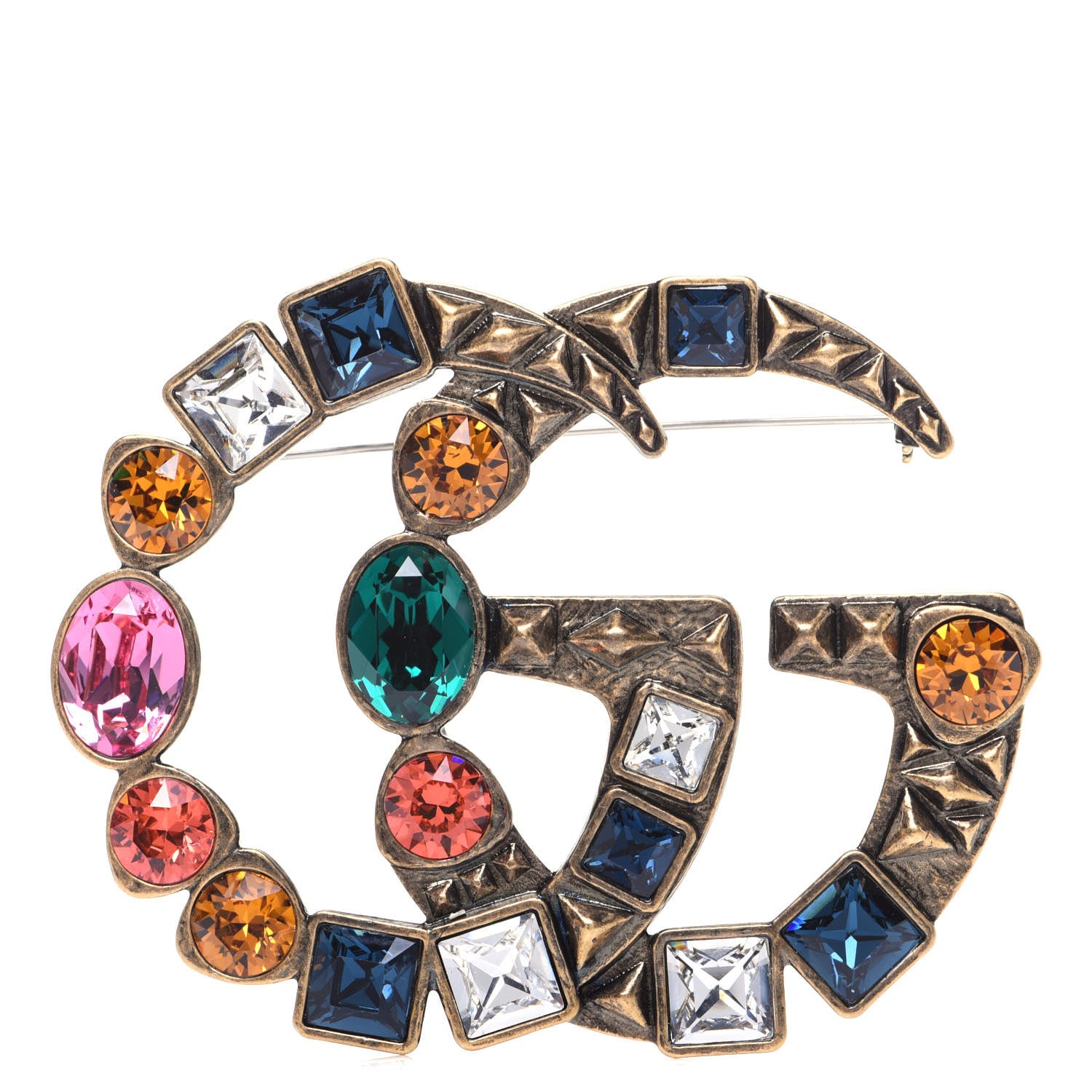 Gucci Metal Crystal Double G Brooch Aged Gold Multicolor 1 of 6