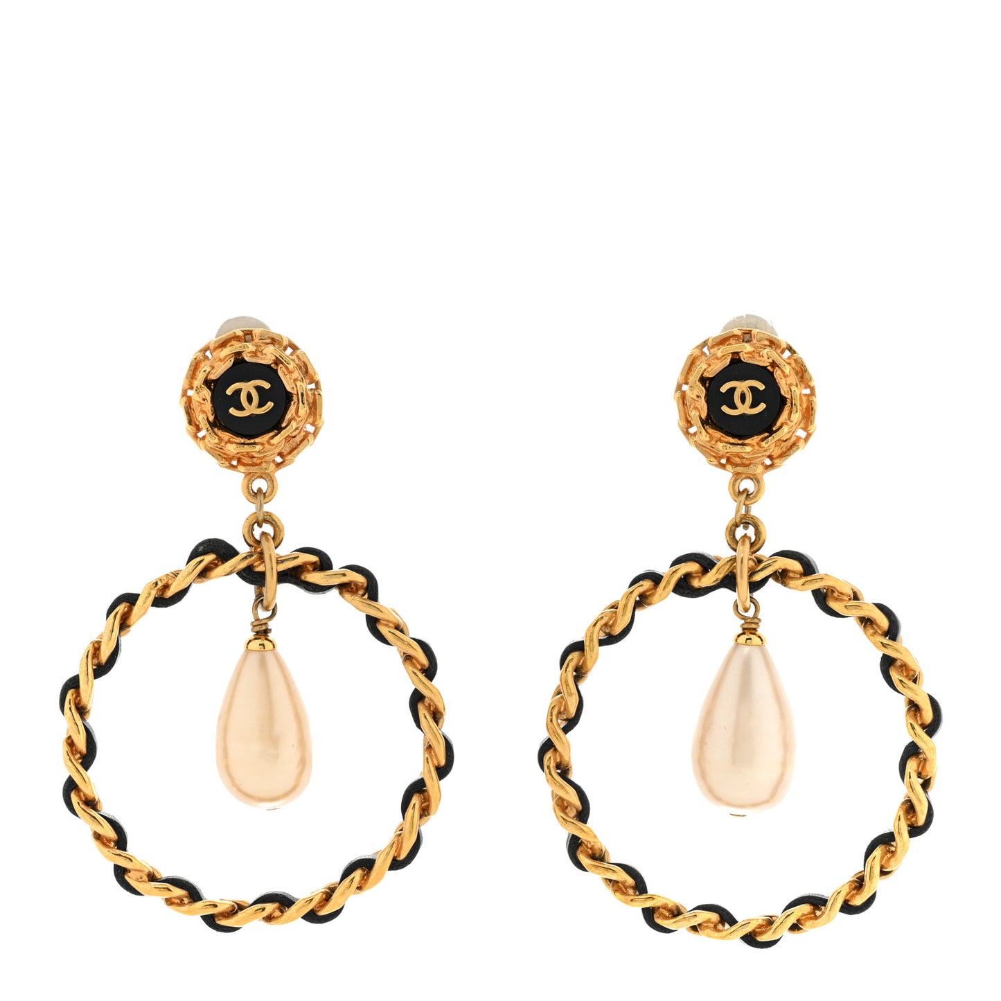 Lambskin Chain Pearl Drop CC Clip On Earrings Gold