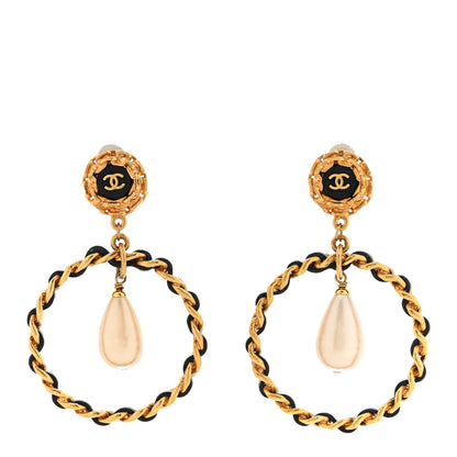 Chanel Lambskin Chain Pearl Drop CC Clip On Earrings Gold 1 of 7