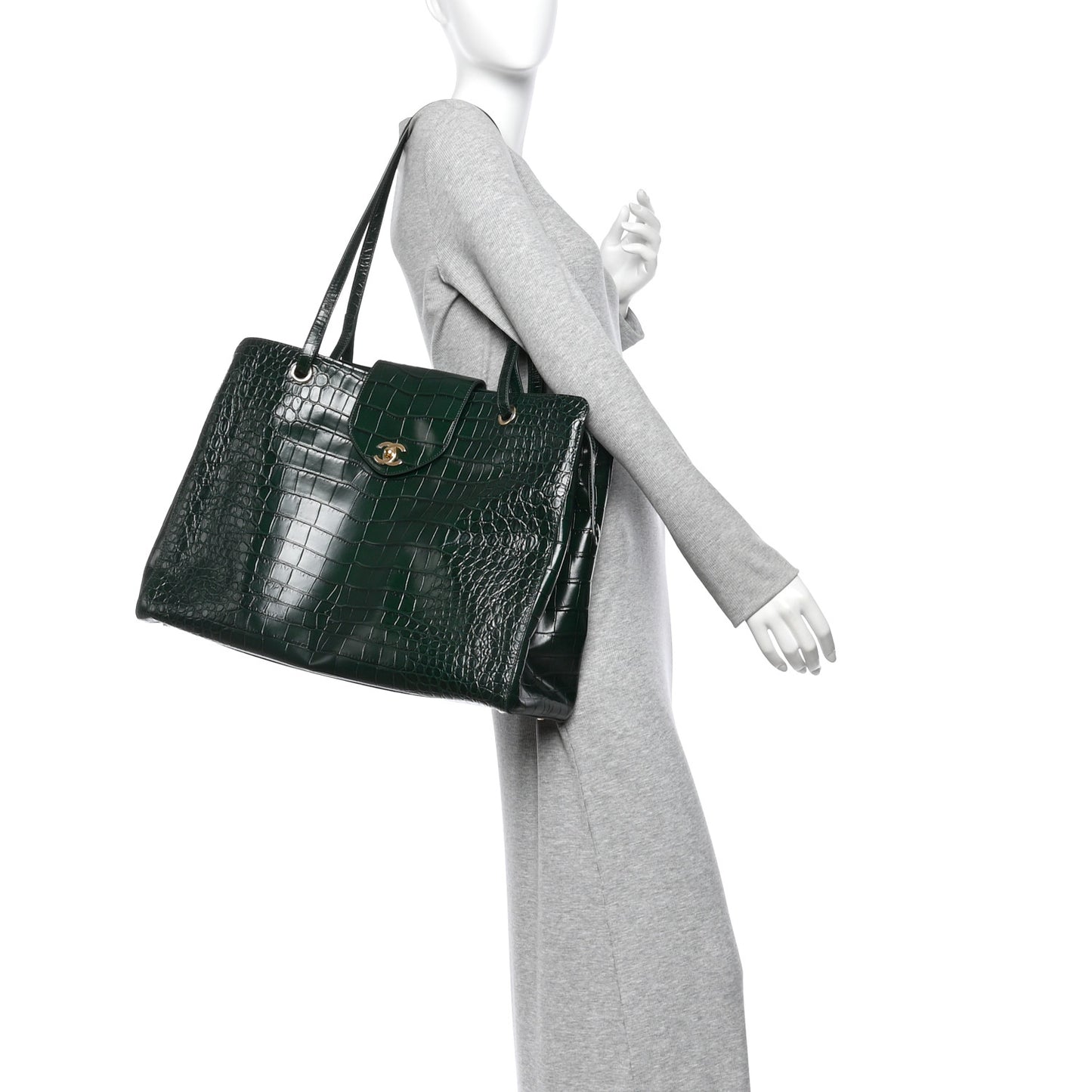 Calfskin Crocodile Embossed Large Shopping Bag Dark Green