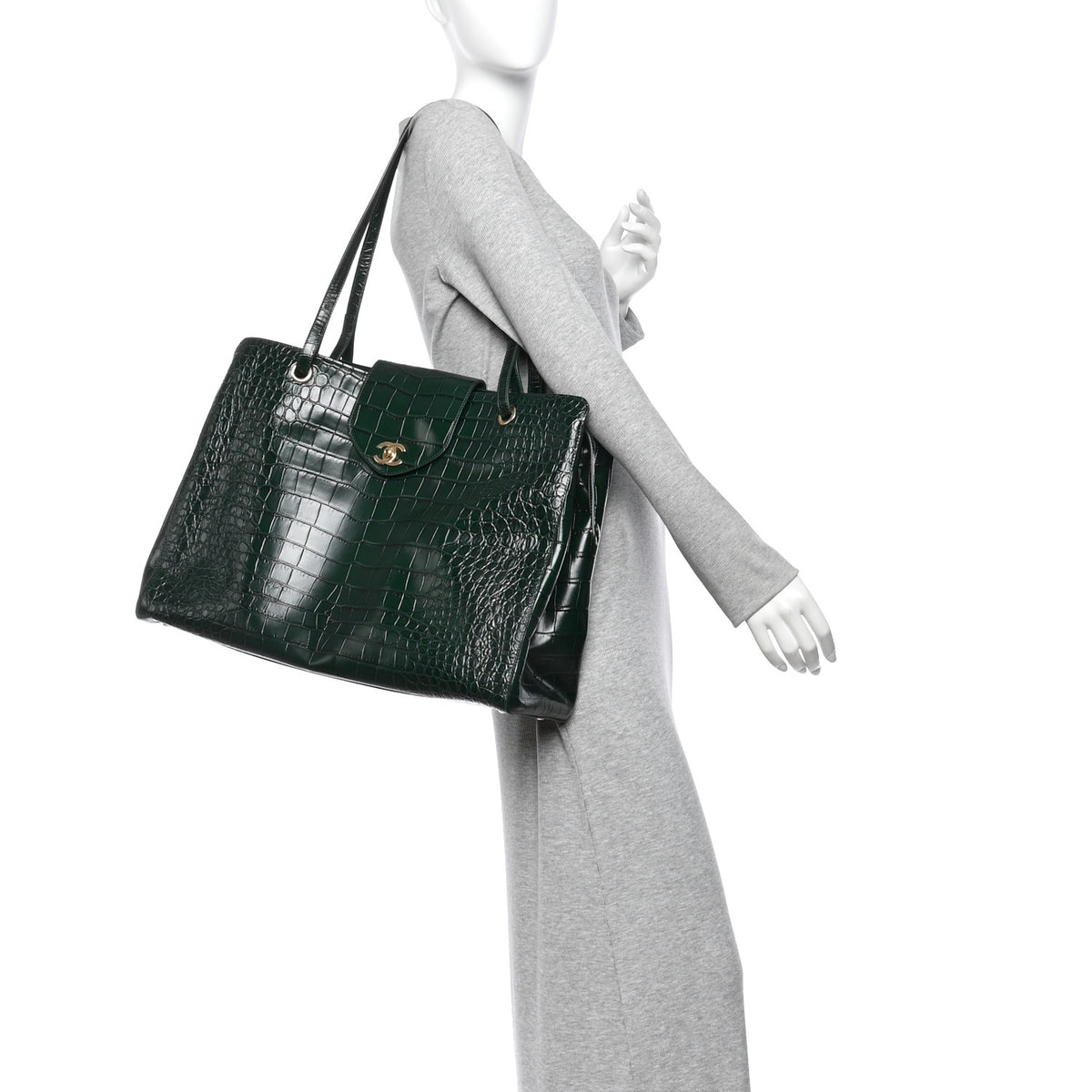 Chanel Calfskin Crocodile Embossed Large Shopping Bag Dark Green 2 of 10