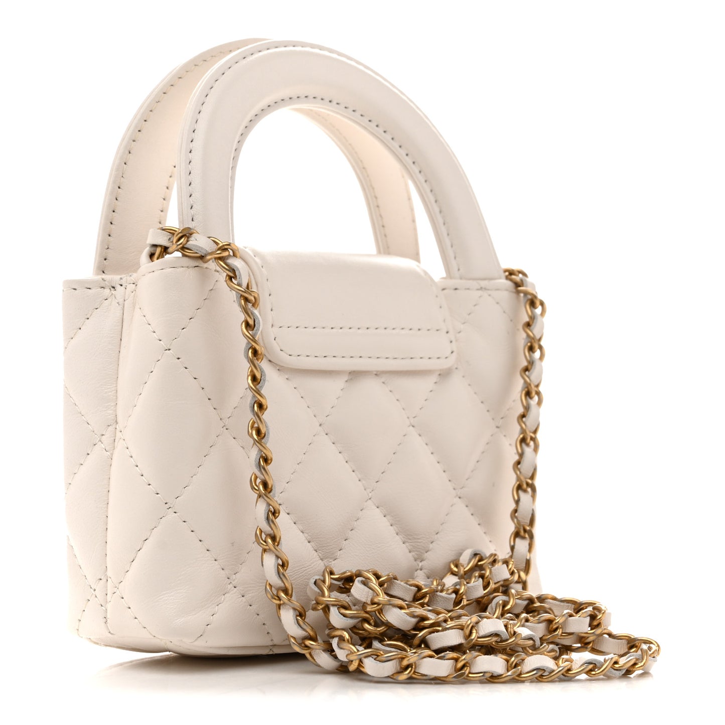 Shiny Aged Calfskin Quilted Mini Nano Kelly Shopper White