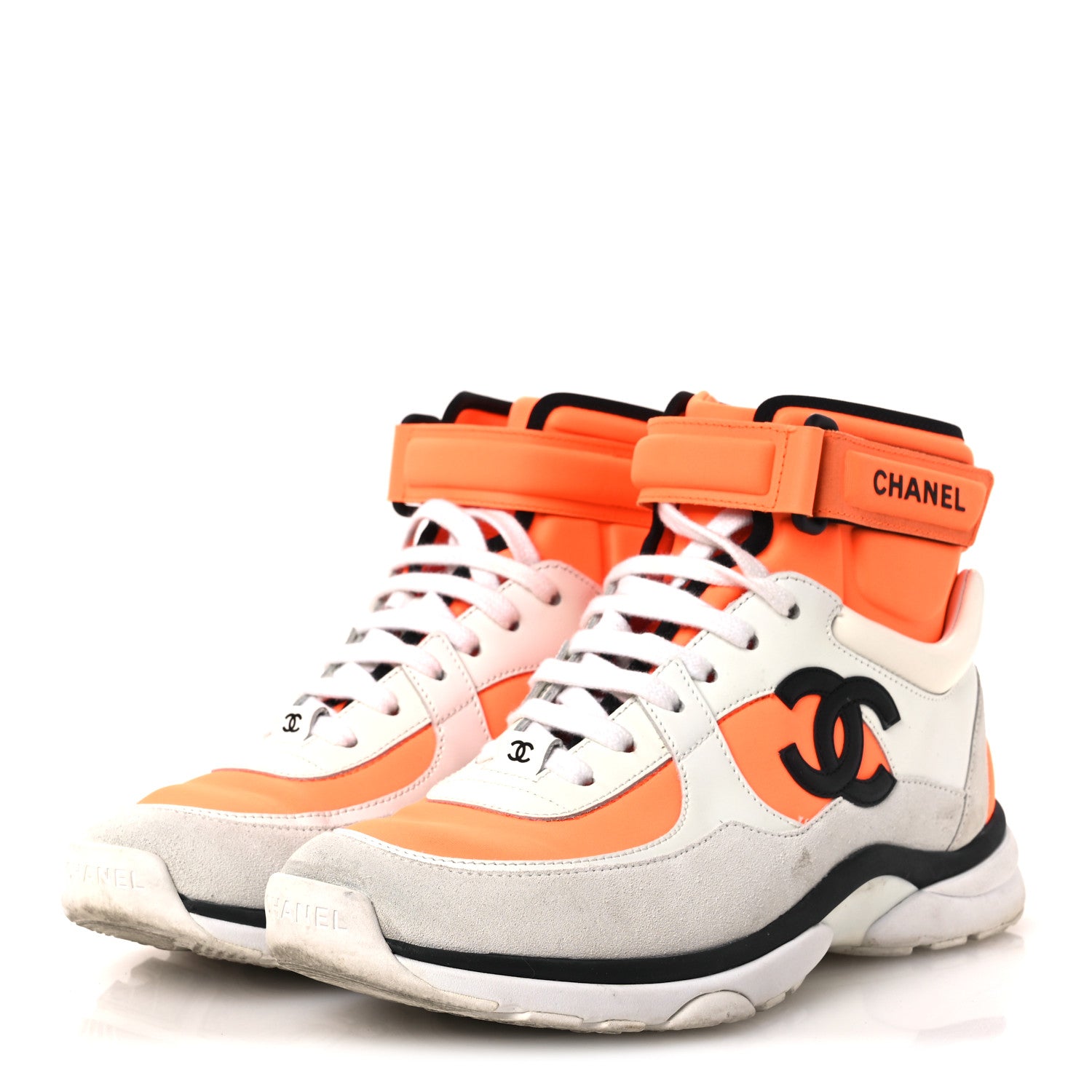 Chanel Suede Calfskin Lambskin Neoprene High Top CC Sneakers 39 White Fluo Orange 4 of 13