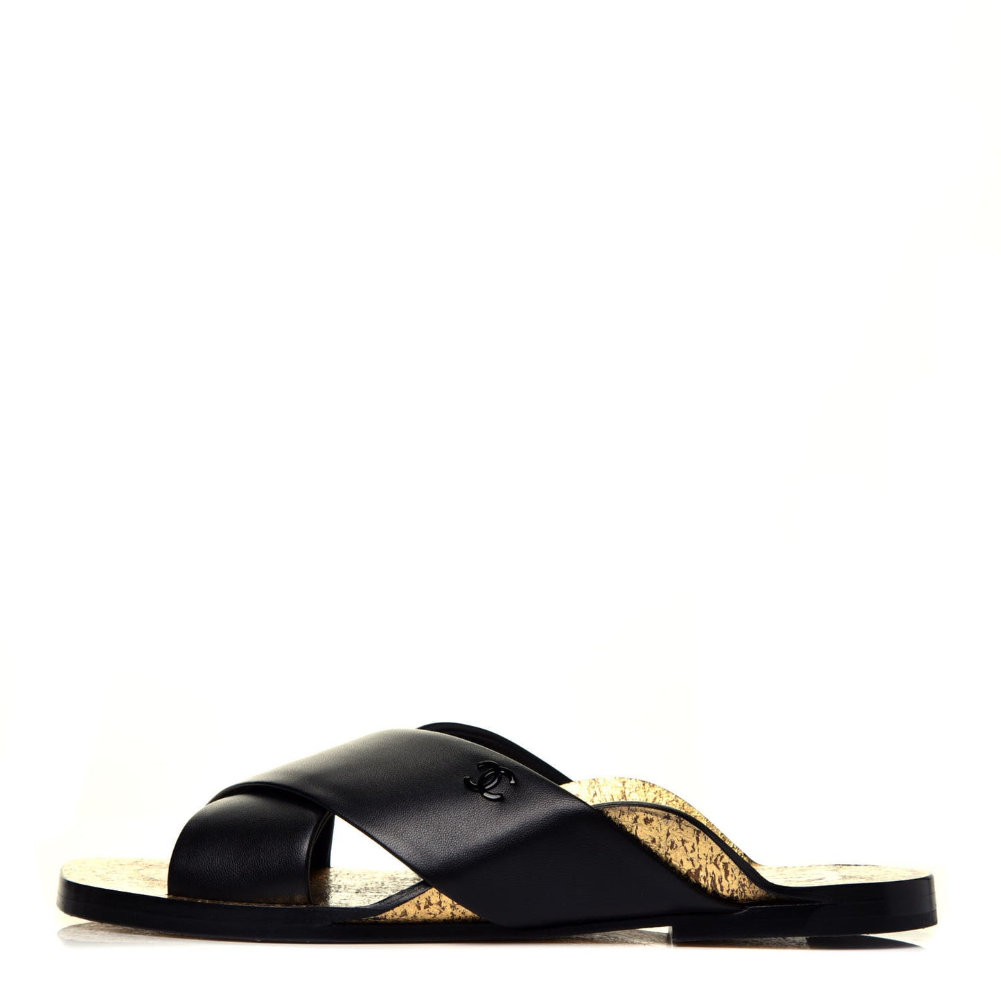Lambskin CC Cross Strap Mule Sandals 36 Black Gold