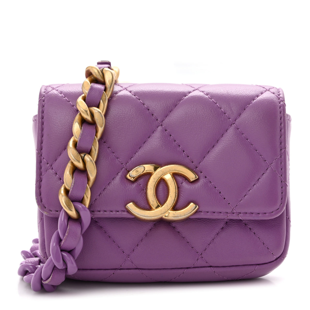 Lambskin Lacquered Metal Quilted Flap Chain Belt Bag Purple