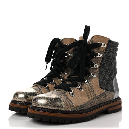 Chanel Tweed Flannel Calfskin Quilted Lace Up Boots 38.5 Beige Black 3 of 9