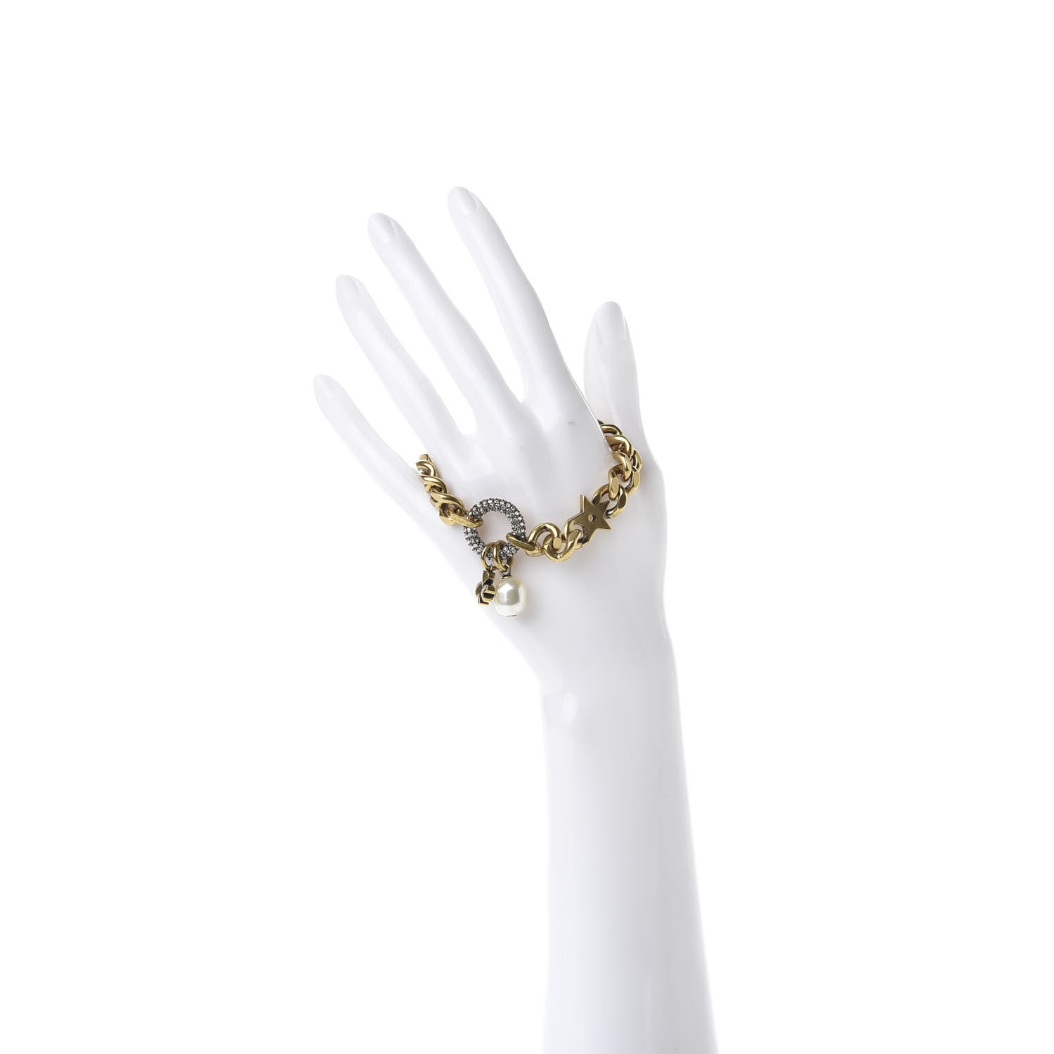 Christian Dior Crystal Pearl Clover Chain Bracelet Gold 2 of 5