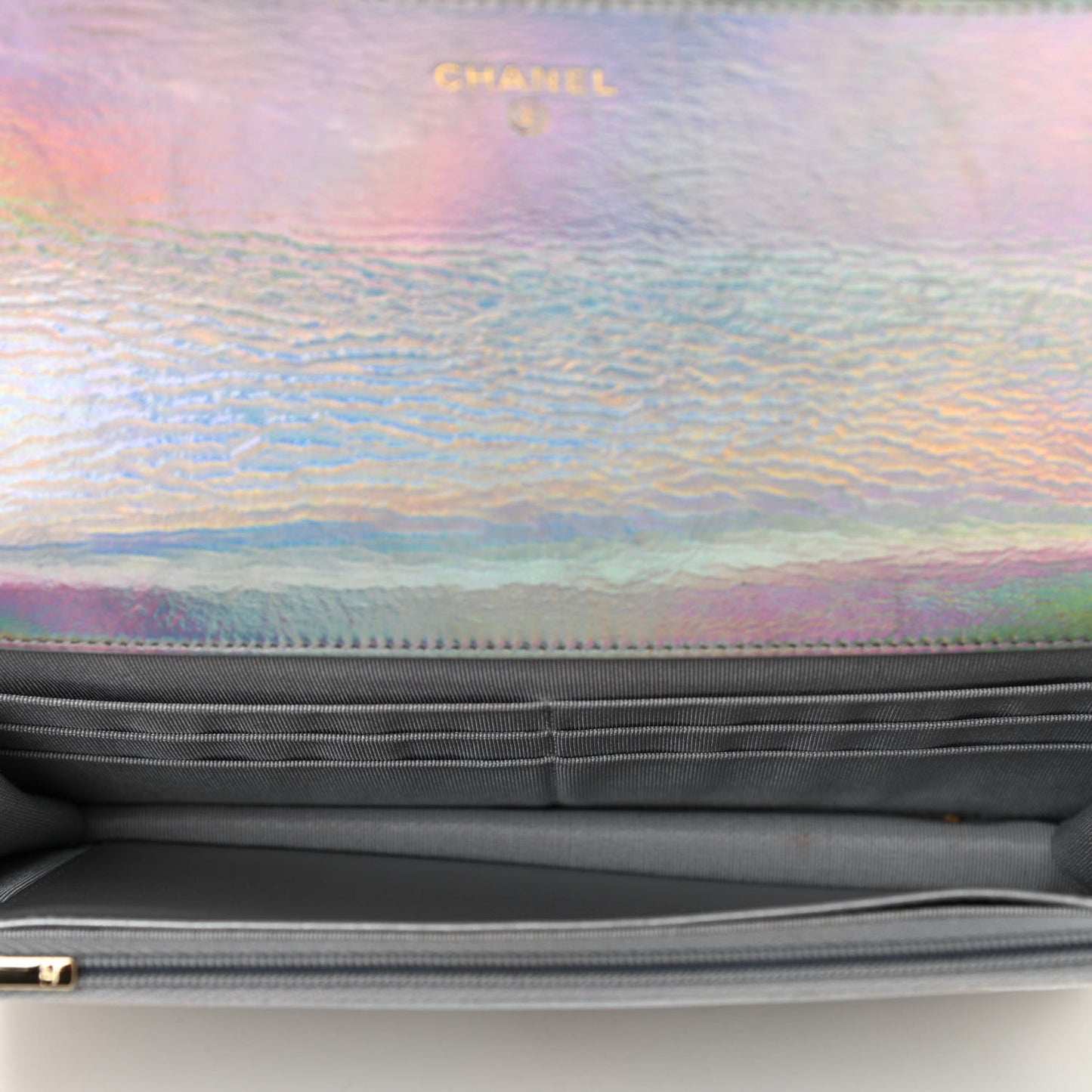 Iridescent Goatskin Quilted Wallet On Chain WOC Silver