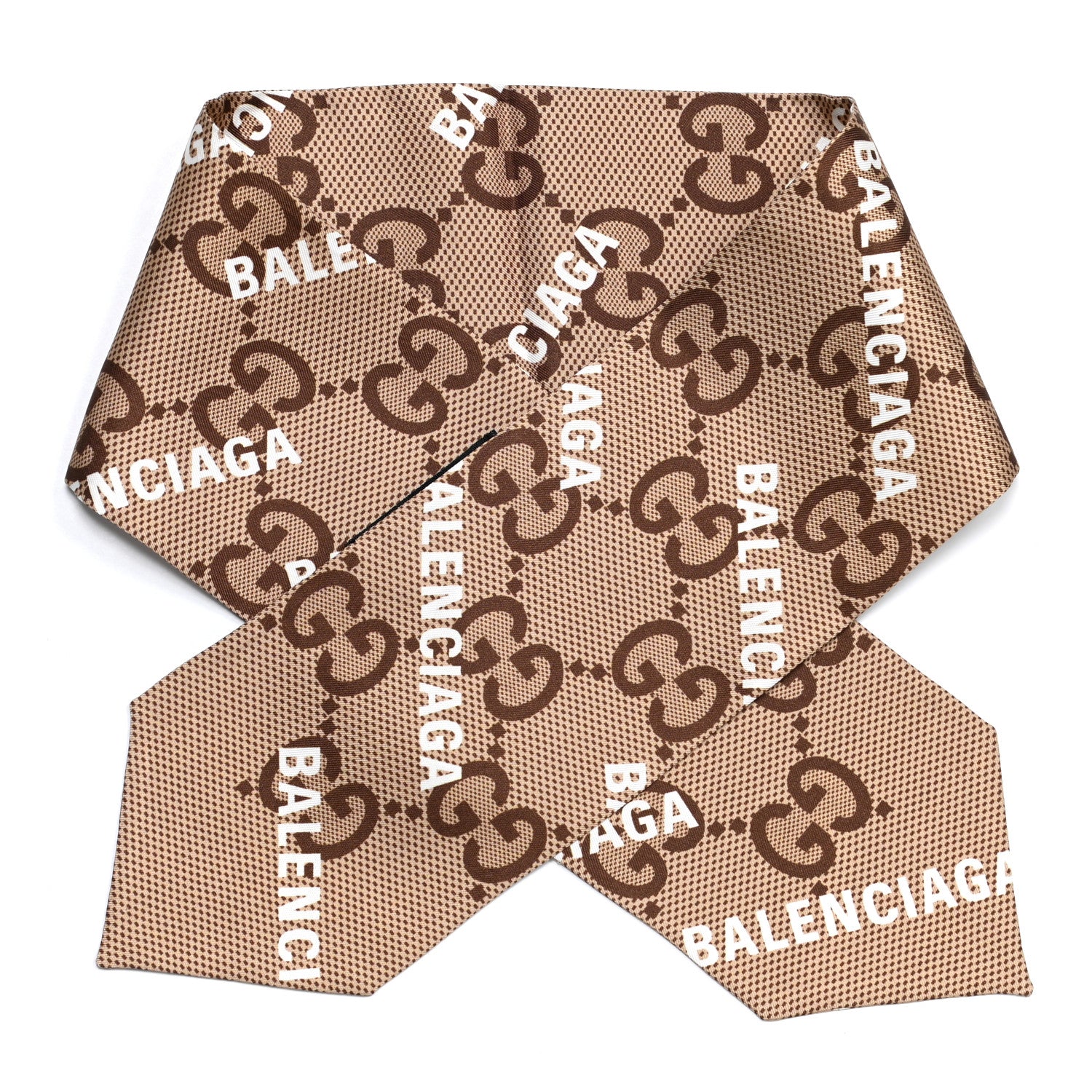 Gucci X BALENCIAGA Silk Twill Maxi GG Monogram GG B Neck Bow Scarf Beige White 1 of 4