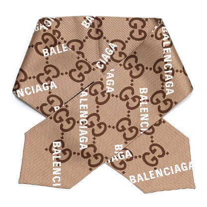 Gucci X BALENCIAGA Silk Twill Maxi GG Monogram GG B Neck Bow Scarf Beige White 1 of 4