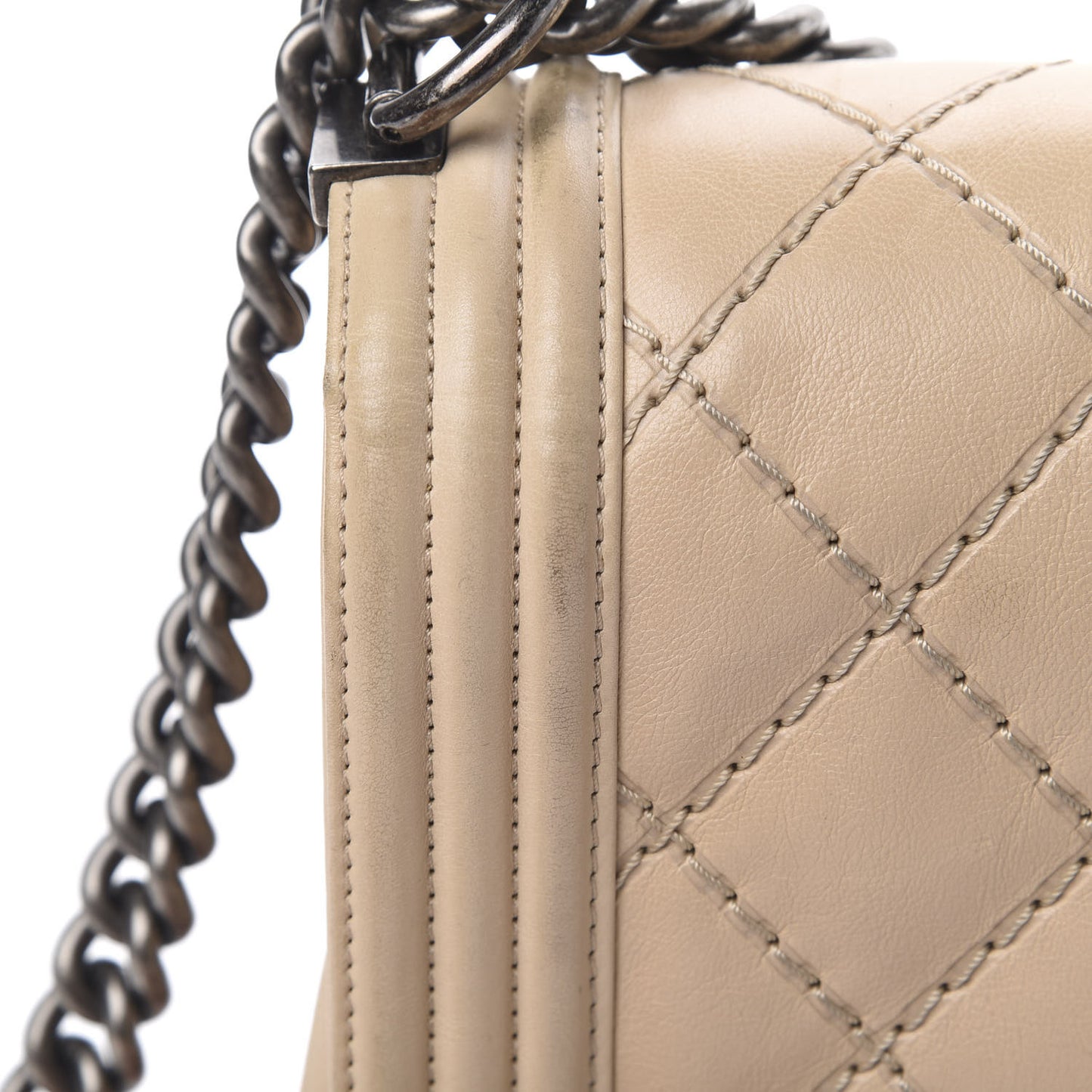 Calfskin Double Stitch Large Boy Flap Beige