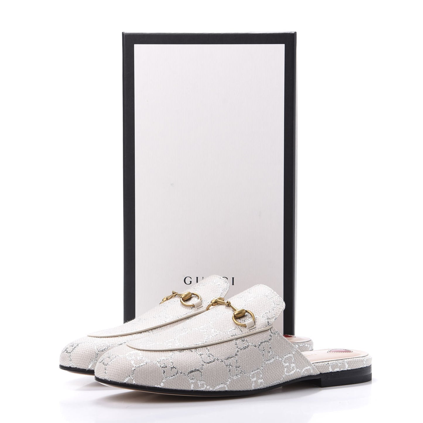 Canvas Lame GG Monogram Womens Princetown Slippers 39 Gardenia Silver