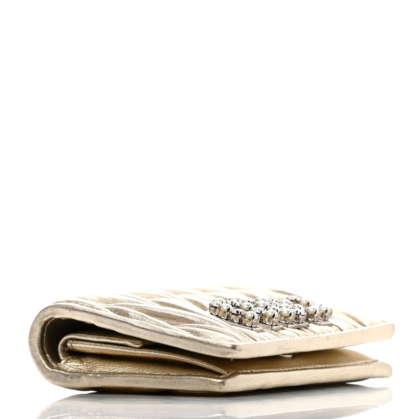 Metallic Nappa Matelasse Crystal Pearl Logo Compact Wallet Gold