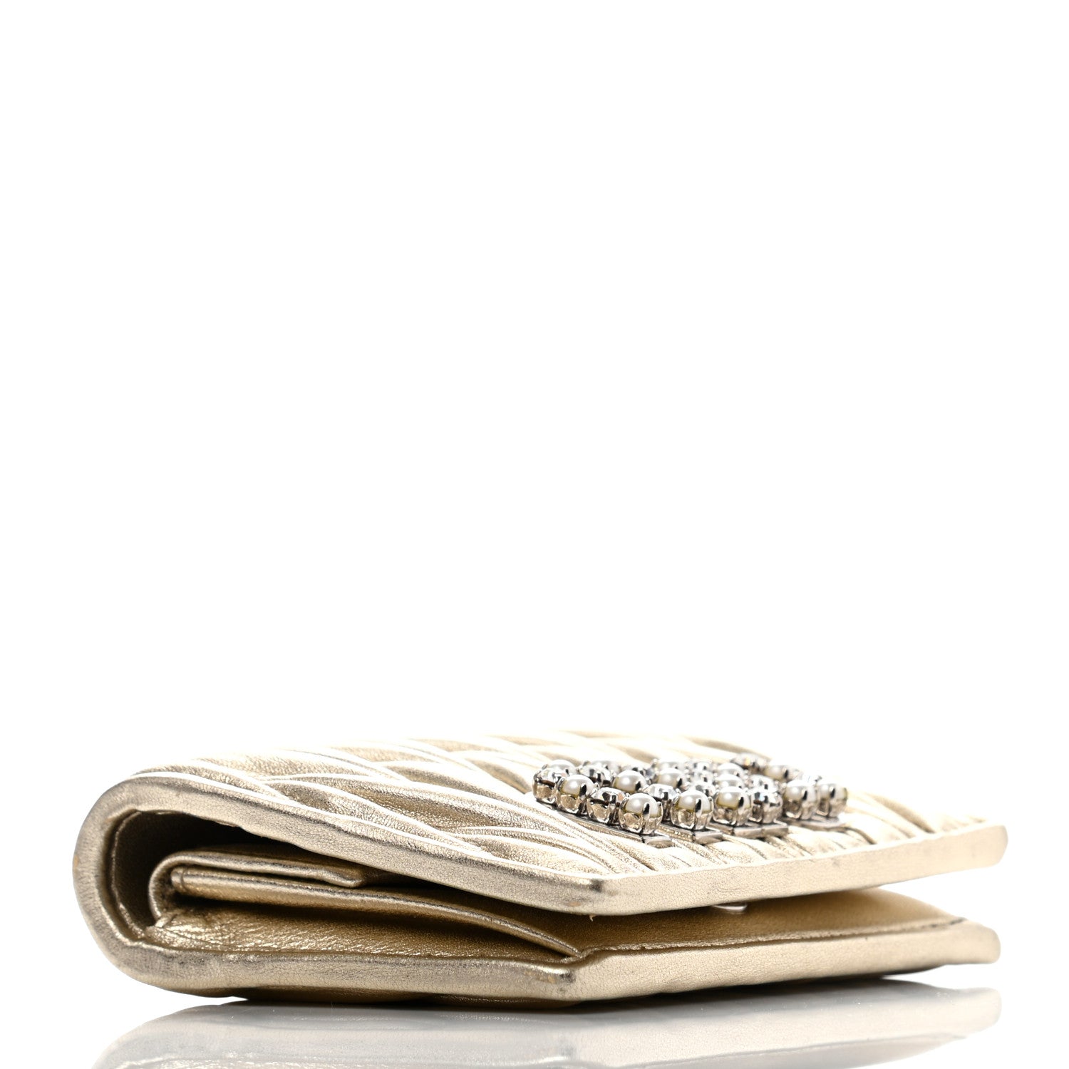 Miu Miu Metallic Nappa Matelasse Crystal Pearl Logo Compact Wallet Gold 4 of 8
