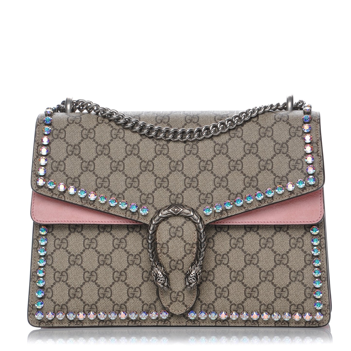 GG Supreme Monogram Suede Crystal Medium Dionysus Shoulder Bag Beige Ebony Light Peonia