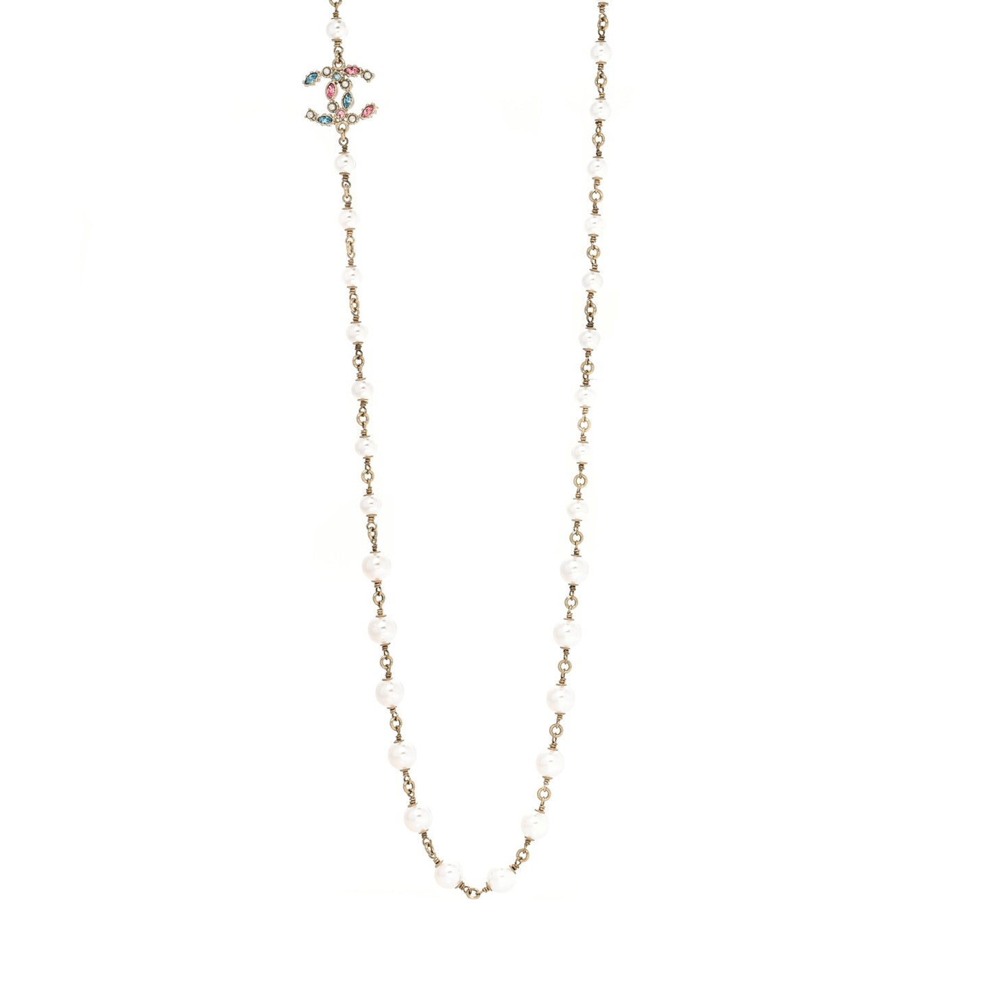 Pearl Crystal CC Long Necklace Gold Multicolor