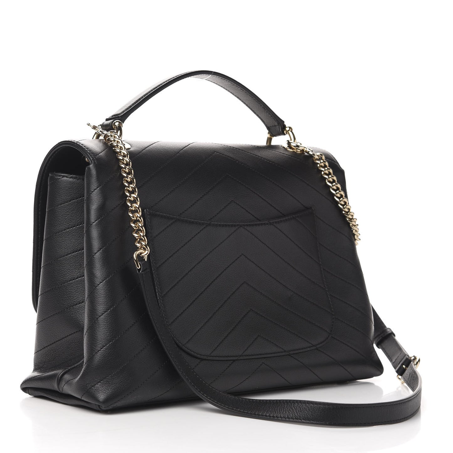 Grained Calfskin Chevron Stitched Medium Chic Top Handle Flap Black