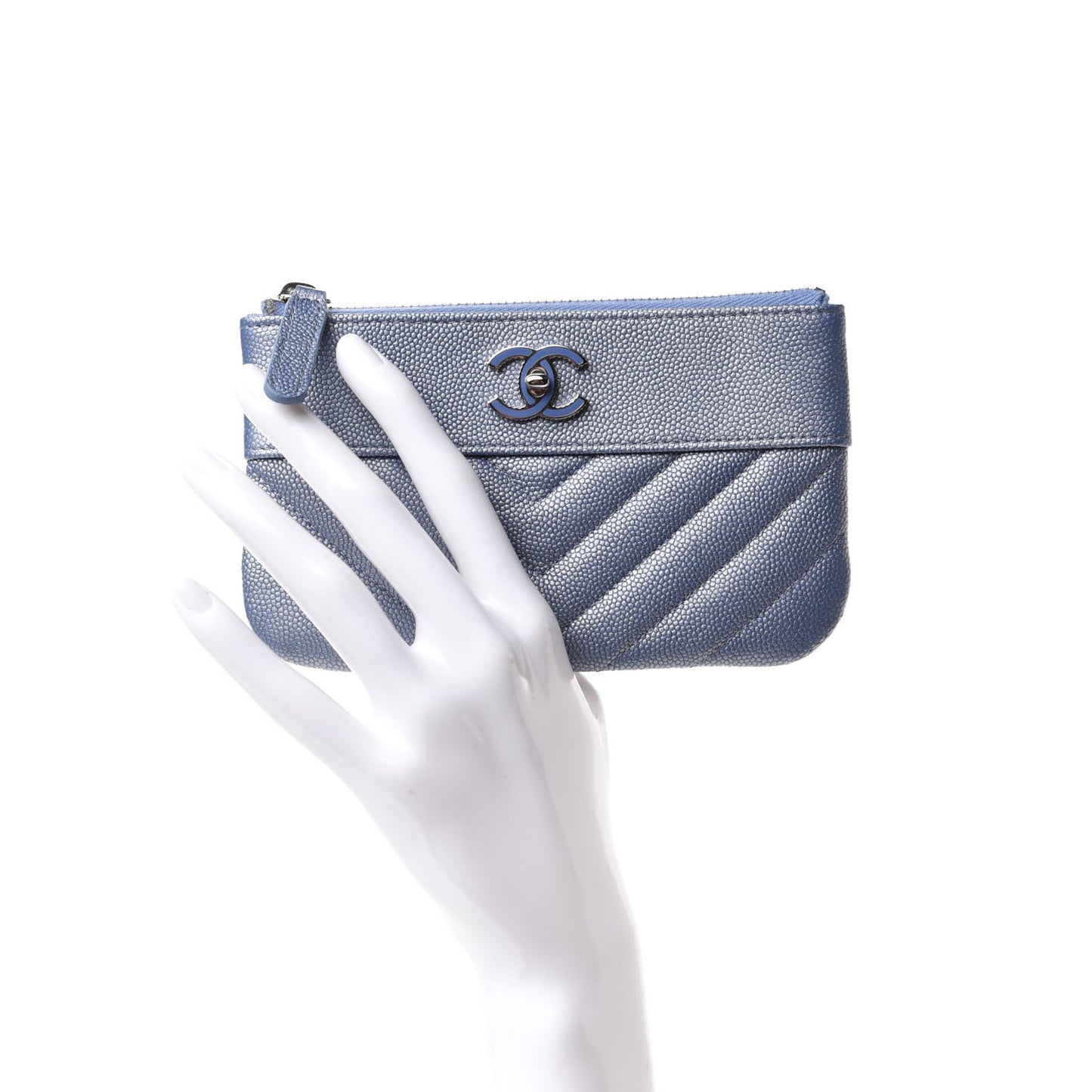 Metallic Caviar Chevron Quilted Small Vintage Mademoiselle Cosmetic Case Blue