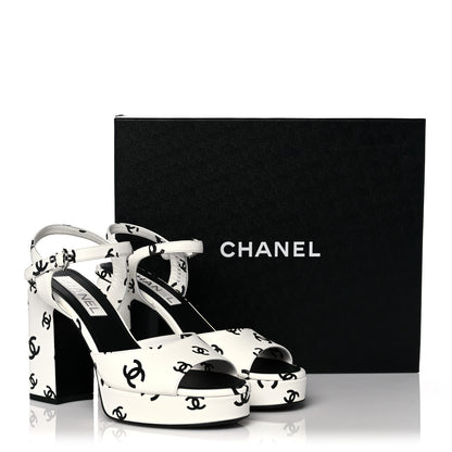 Chanel Printed Lambskin Coco Beach Platform Sandals 39 White Black 10 of 10