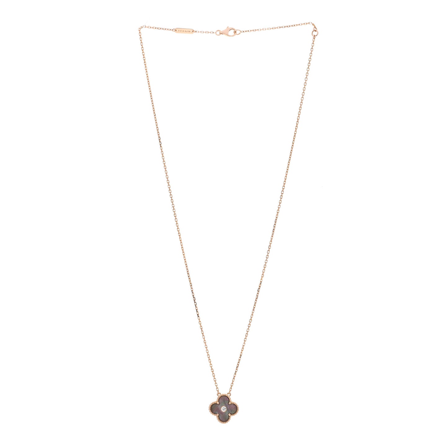 18K Rose Gold Diamond Grey Mother of Pearl Vintage Alhambra Pendant Necklace