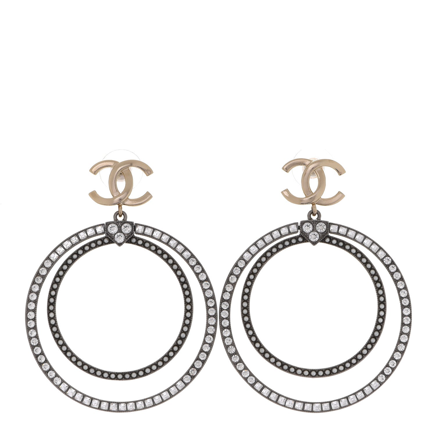 Chanel Crystal CC Circle Drop Earrings Silver Gold 1 of 4