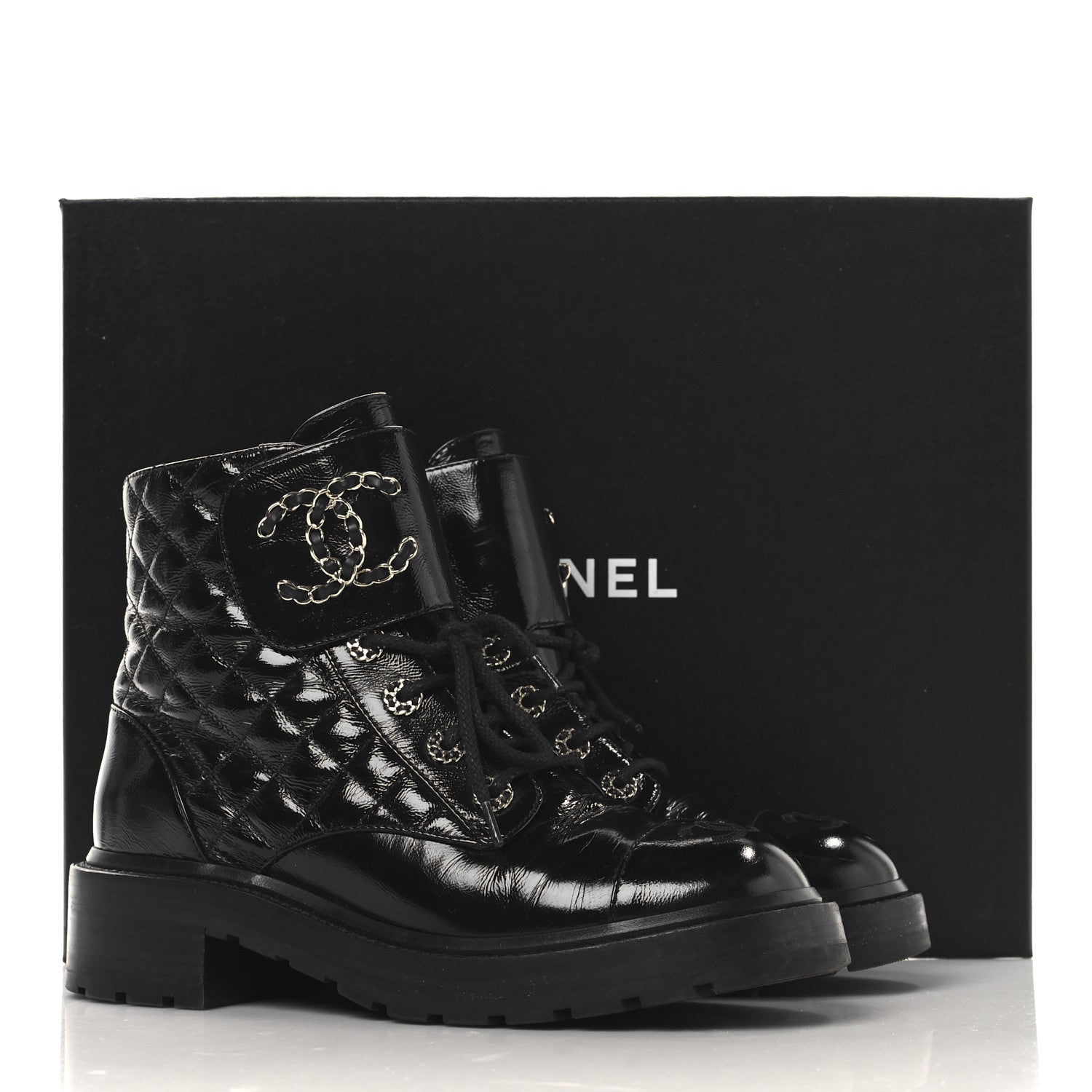 Chanel Shiny Calfskin Quilted Lace Up Combat Boots 39 Black 10 of 10