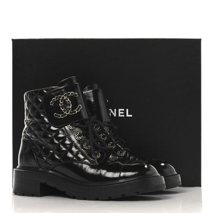 Chanel Shiny Calfskin Quilted Lace Up Combat Boots 39 Black 10 of 10