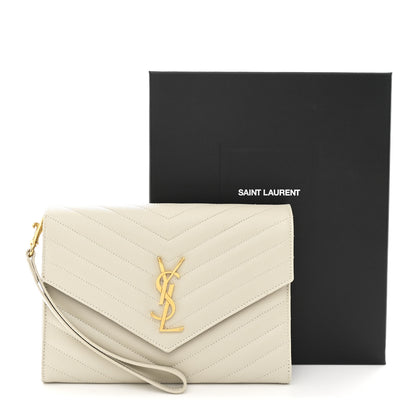 Saint Laurent Grain De Poudre Matelasse Chevron Monogram Envelope Clutch Crema Soft 8 of 8