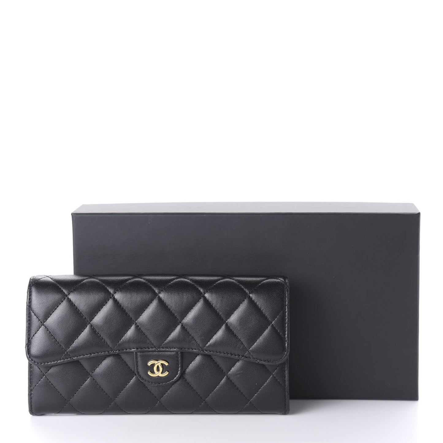 Lambskin Quilted Large Gusset Flap Wallet Black