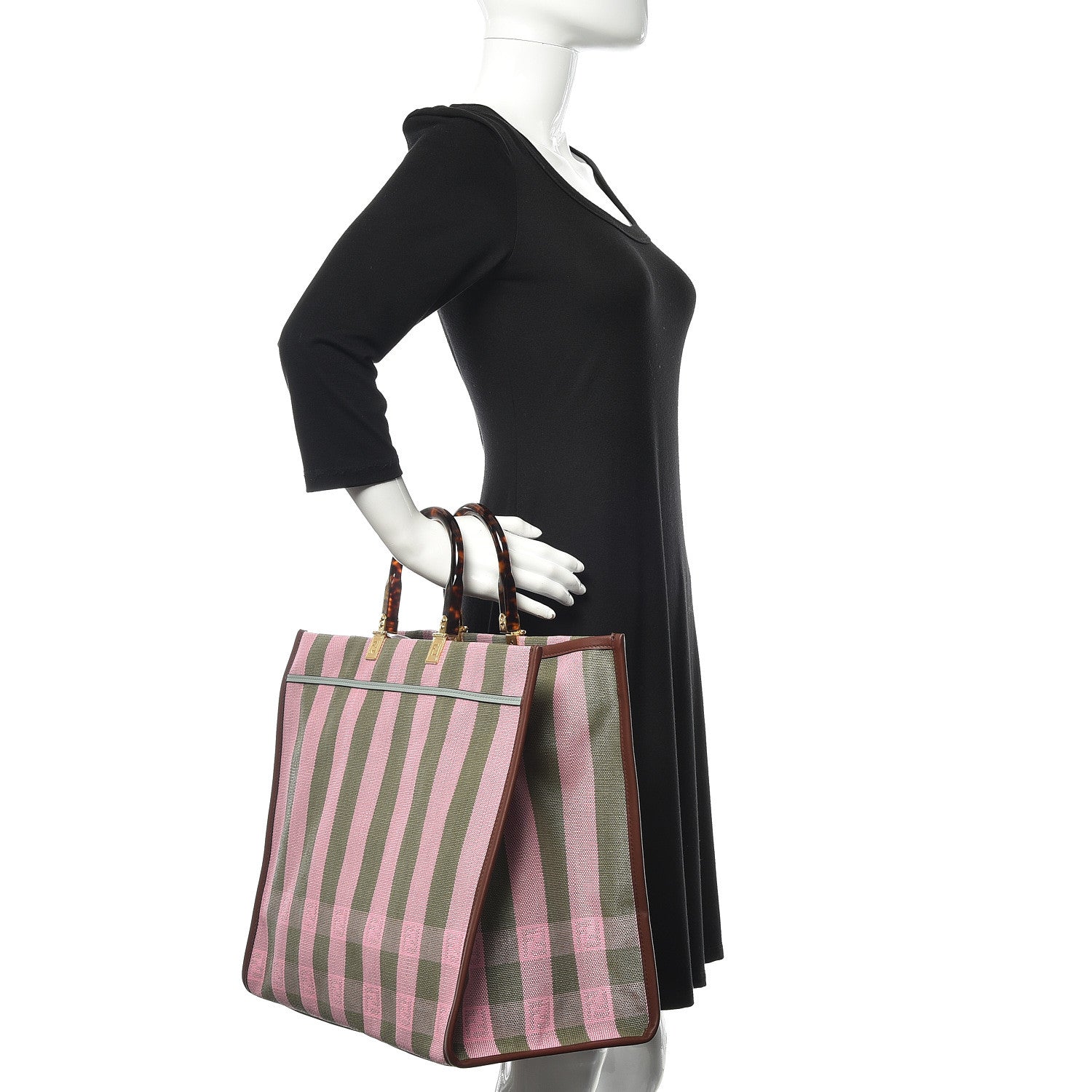 Fendi Raffia Vitello Seta Plexiglass Pequin Gingham Woven Large Fendi Sunshine Shopper Tote Military Rosa 2 of 11