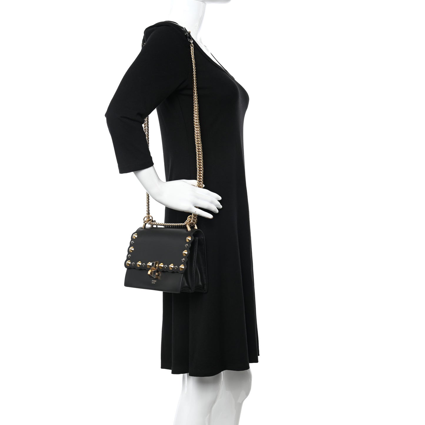 Vitello Liberty Metal Scalloped Multi Studded Small Kan I Shoulder Bag Black
