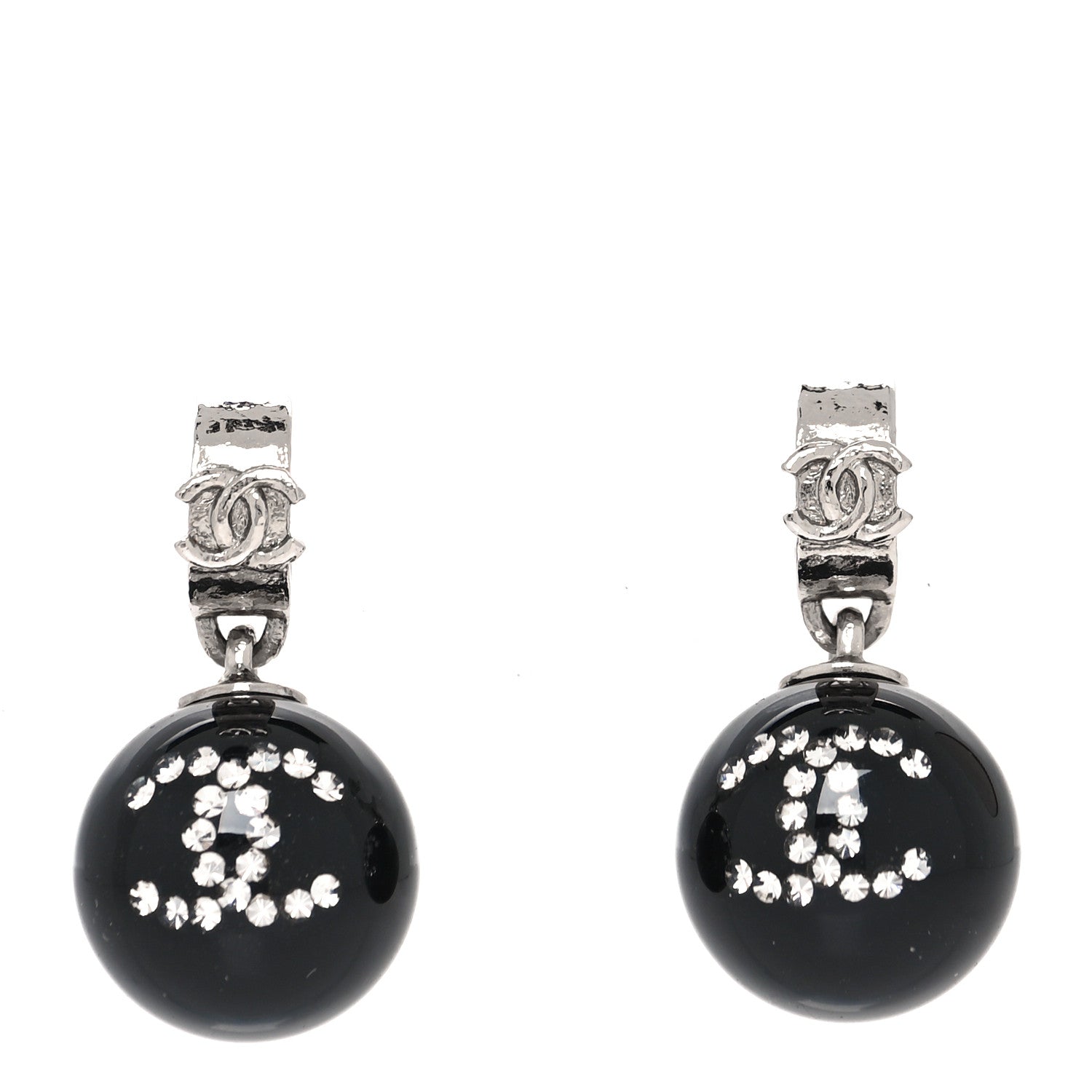 Chanel Resin Crystal CC Ball Drop Earrings Black 1 of 4