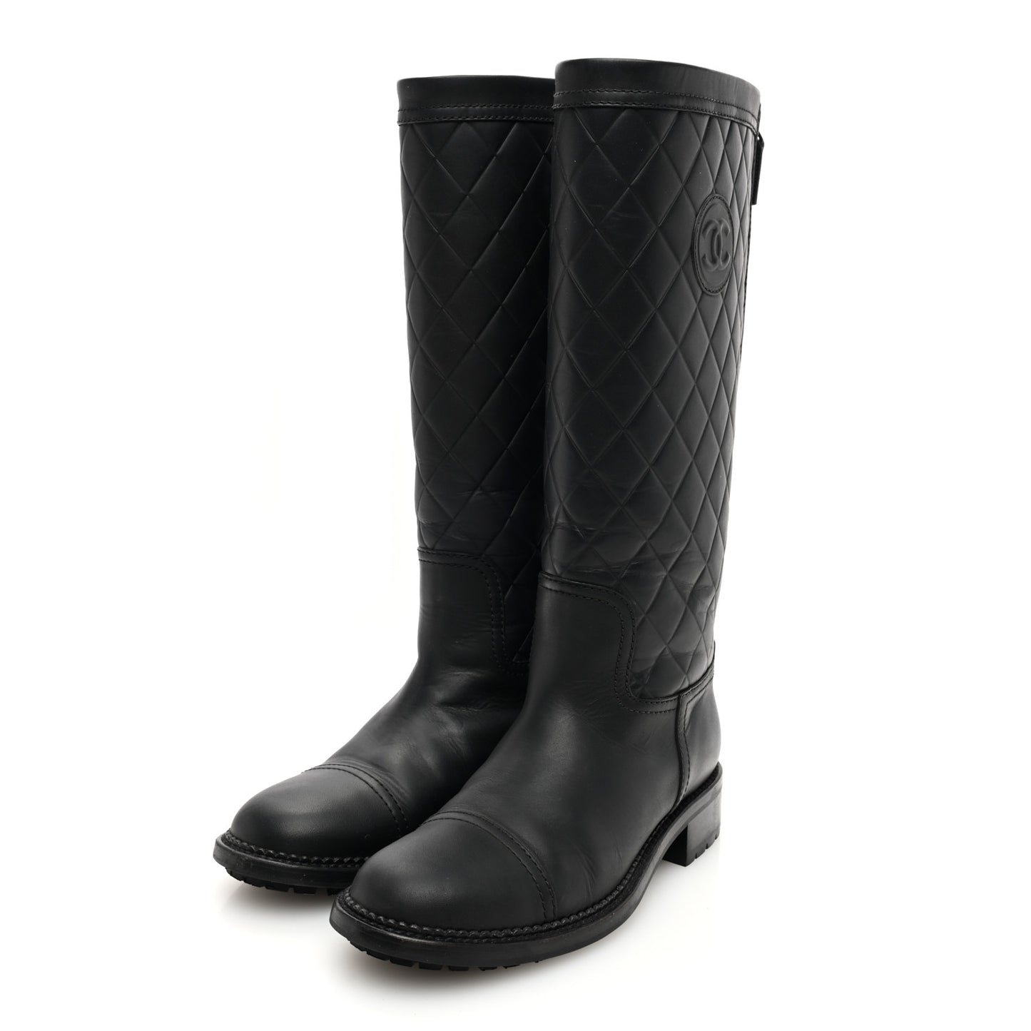 Oily Calfskin Quilted High Boots 37 Black